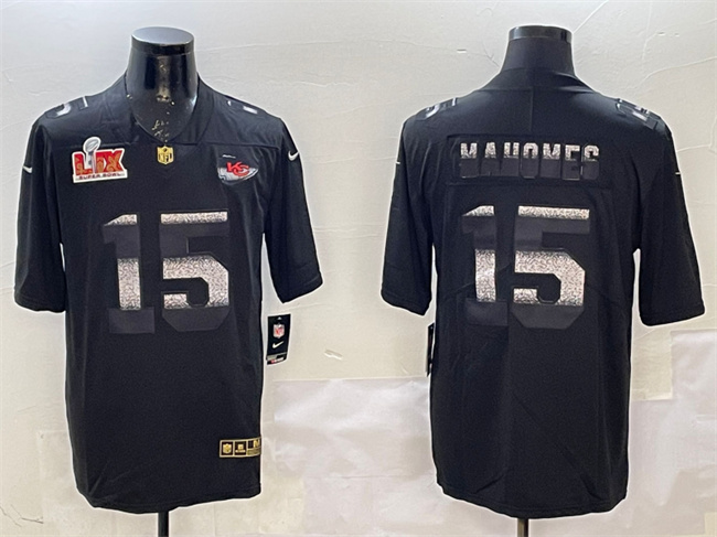 Men's Kansas City Chiefs #15 Patrick Mahomes Black 2025 Super Bowl LIX Patch Shadow Vapor Limited Stitched Football Jersey
